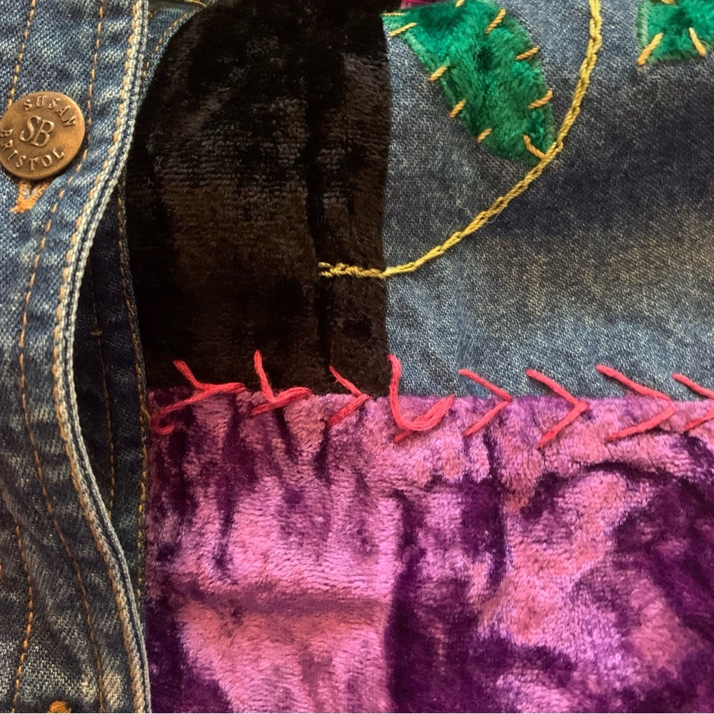Vintage Susan Bristol Patchwork Denim Vest Embroidered Velvet Floral Size L - Picture 11 of 12
